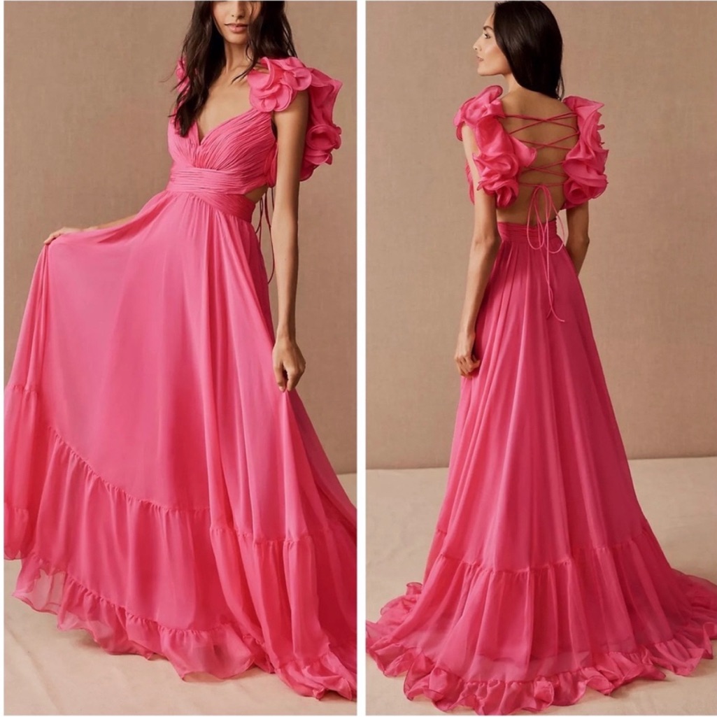 Mac Duggal New Indy Chiffon Gown Maxi Backless Ruffles Hot Pink Size 6